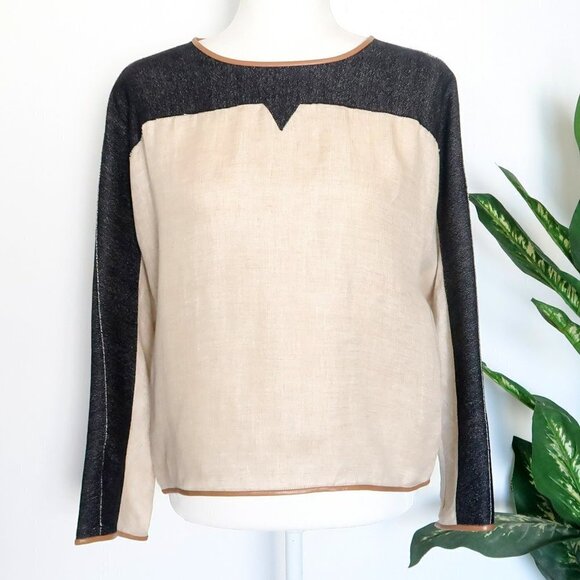 Dina Agam Anthropologie Linen Denim Lambskin Leather Crew Neck Long Sleeve Top M - Picture 4 of 12